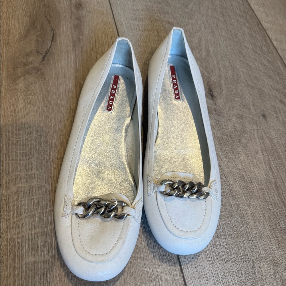 Prada White Leather Loafers/flats
